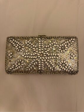 Silver Sequin Floral Evening Clutch